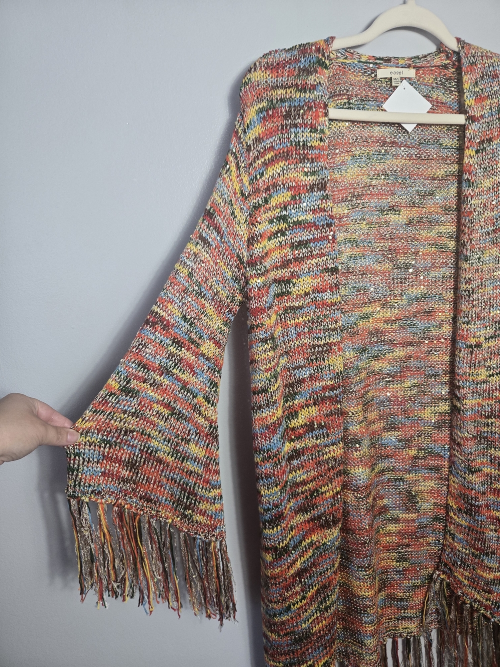 NWT Easel Multicolor Sequin Fringe Duster Cardigan Knit Kimono Sweater Size M/L - Picture 2 of 7